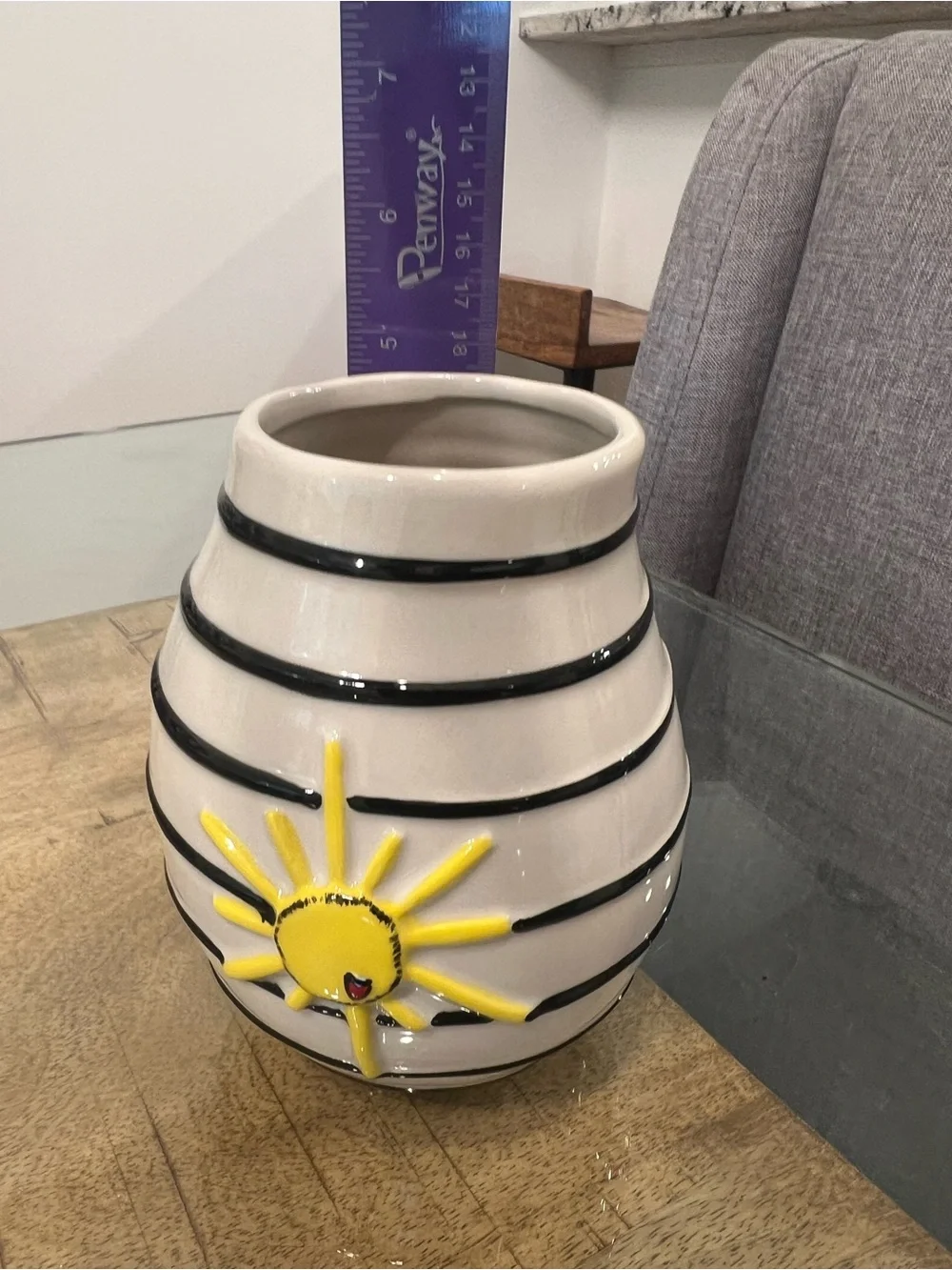 DEMDACO Black and White Stripe Yellow Sun stoneware decorative vase